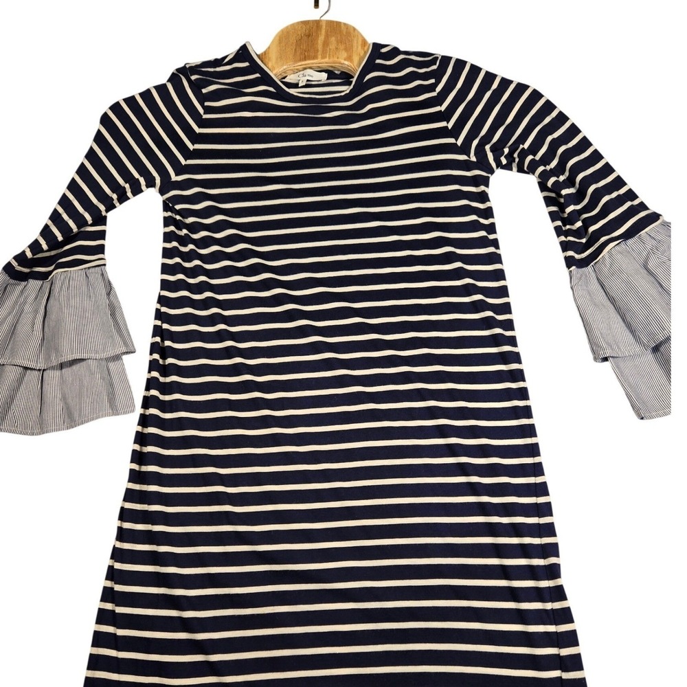 Clu Too Navy White Striped Ruffle Tiered Bell Sleeve‎ Knit Shift Dress Small